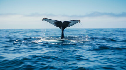 Fototapeta premium A whale's tail that appears above the water after it rises to the surface.