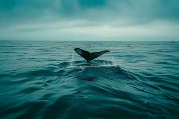 Fototapeta premium A whale's tail that appears above the water after it rises to the surface.