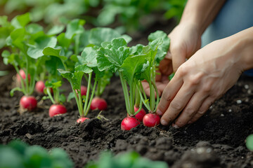 Female hands growing radishes in a garden bed - Powered by Adobe