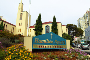 Fototapeta na wymiar San Francisco, California: Hamilton Square Baptist Church located at 1212 Geary Blvd, San Francisco