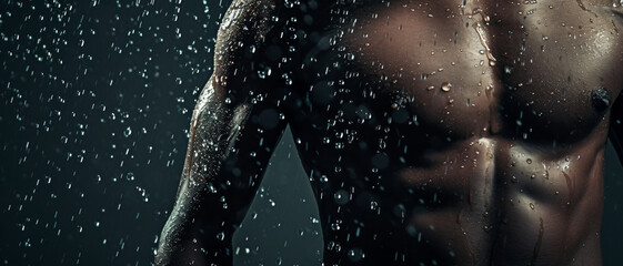 Fototapeta na wymiar Water droplets cascade over an athlete's toned body, a testament to hard work and fitness