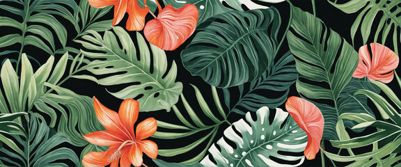 A cohesive and vibrant design depicting a tropical theme with palm leaves and monstera on a contrasting dark backdrop - obrazy, fototapety, plakaty