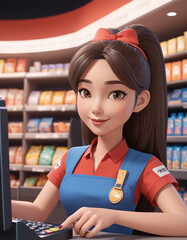 young girl dressed as a cashier, cartoonish caricatures