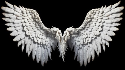 Elaborate white angel wings, intricately designed and elegantly displayed on a black solid backdrop, radiating an aura of divine majesty and serenity