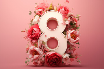 Close-Up of Floral Number 8 Celebration Design. Number 8 surrounded by roses and blossoms on a pink background, ideal for women's celebrations.