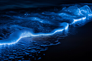 The sea at night waves crash onto the beach and there is a type of plankton that causes bioluminescence in the foam. - obrazy, fototapety, plakaty