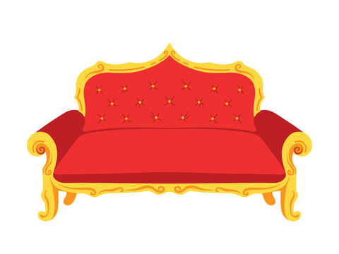 recommend clip art: Fancy expensive red cushioned lounge sofa couch with gold yellow ornaments vector illustration. Simple flat no outline cartoon art styled comfortable couch drawing.