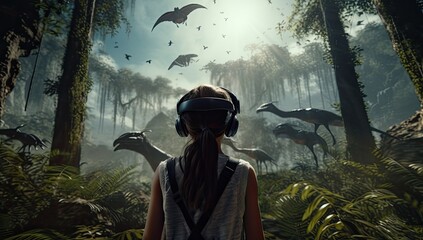 With VR glasses on, someone experiences the thrill of encountering real dinosaurs in a virtual environment.