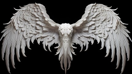 Elaborate white angel wings, adorned with intricate patterns and delicate feathers, standing out against a black solid backdrop, symbolizing celestial purity and wonder