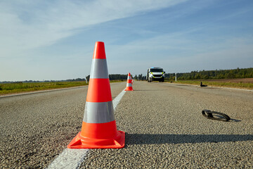 Traffic cone on motorbike accident scene