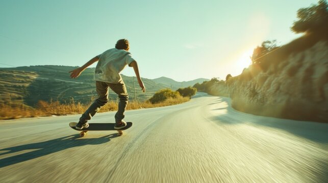 Young man longboarding outdoors on countryside road. Male skateboarding on a sunny day