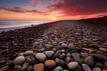 Obraz premium Warm Sunset Over Pebble Beach. Warm sunset at a serene pebble beach, ideal for travel and nature themes.