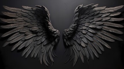 Ethereal black angel wings, delicately feathered and gently extending on a solid black canvas, symbolizing enchantment and grace