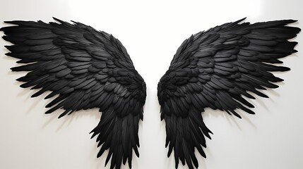 Ethereal black angel wings, glistening with a subtle sheen, elegantly displayed against a solid white canvas