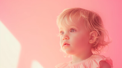 Blonde baby girl on a pink background