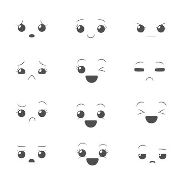 set of 12 Kawaii Eyes Expressions, Kawaii faces, Cute faces, eyes and mouth. Eyes, mouth japanese style. Manga emotions cartoon vector set. Illustration character manga facial, cute kawaii expressions