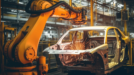A robot arm is assembling a car or electric vehicle in a factory.