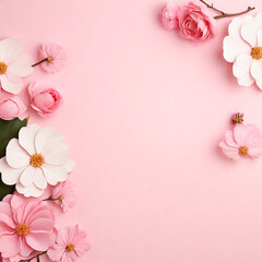 Flat pink background with copy space and flowers