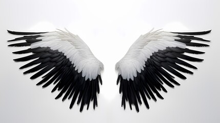 Feathered black angel wings, gracefully fanned out and perfectly aligned, contrasting against a pure white canvas, symbolizing celestial purity and grace
