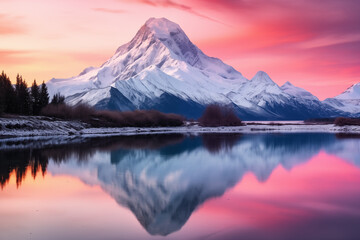 Twilight Mountain Reflection in Tranquil Water. Snow-capped mountain with sunset reflection in water, ideal for travel and nature themes.