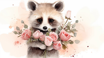 Watercolor cute fluffy raccoon holds bouquet of pink roses in its paws.