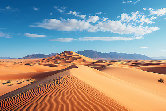 Desert landscape with sand dunes stretching in the distance, during the day with a clear sky. Spacious, arid, contemporary, oasis, minimalist.