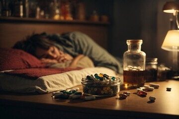 Woman Laying in Bed Next to Bottle of Pills. Generative AI. - obrazy, fototapety, plakaty