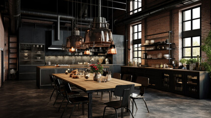 Fototapeta na wymiar A chic urban loft kitchen with industrial pendant lights and an open-concept design.