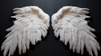 Feathered white angel wings, gently fanned out and perfectly aligned, contrasting against a deep black canvas, symbolizing heavenly purity and grace