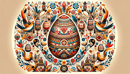 Easter illustration in folklore and ethnic motifs, reflecting cultural heritage. Easter background