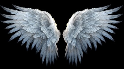 Feathered white angel wings with a subtle iridescence, catching the light on a black solid background, evoking a mesmerizing ethereal aura