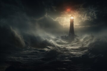 Lighthouse in the sea. The concept of safety and navigation in sea travel, a guide for sailors - obrazy, fototapety, plakaty