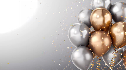 3d render realistic glossy metallic golden and silver balloon party  with empty space for birthday, party, promotion social media banners or posters.