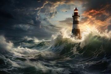 Lighthouse on stormy sea at sunset. The concept of safety and navigation in sea travel, a guide for sailors - obrazy, fototapety, plakaty