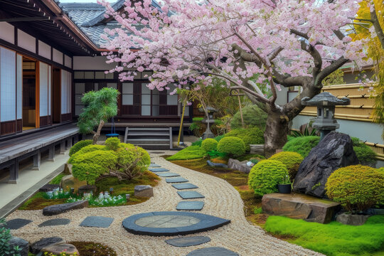 Elegant Spring. Cherry Blossoms Blooming in a Japanese Garden.