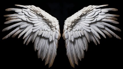 Feathered white angel wings, gently fanned out and perfectly aligned, contrasting against a deep black canvas, symbolizing heavenly purity and grace