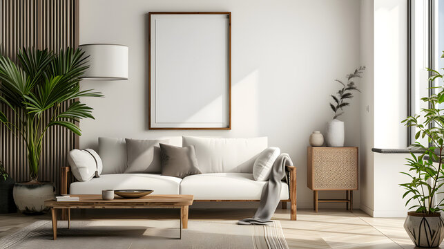modern living room with sofa, wall with a mockup frame, an elegant gallery-style setting for displaying art or photography