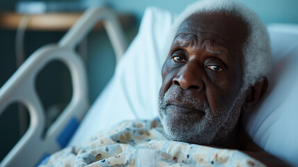 Homem afro deitado em um leito de hospital  - obrazy, fototapety, plakaty