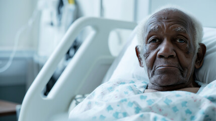 Homem afro deitado em um leito de hospital  - obrazy, fototapety, plakaty