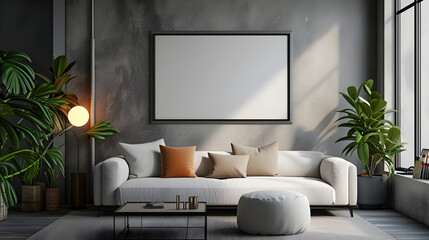a modern living room wall with a mockup frame, an elegant gallery-style setting for displaying art or photography