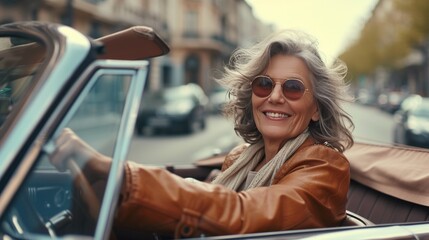 Happy smiling mature woman in sunglasses, a brown jacket and scarf riding a convertible vintage car. Active senior people concept. - obrazy, fototapety, plakaty