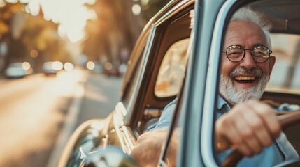Happy laughing senior man riding a vintage car with a sunny street on a background. Active senior people concept.
