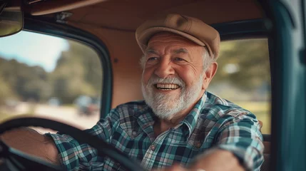 Photo sur Plexiglas Voitures anciennes Happy bearded senior man riding a vintage car. Active senior people concept.