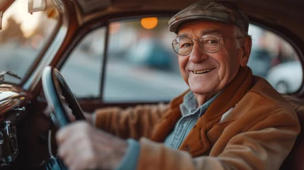 Photo sur Plexiglas Voitures anciennes Smiling old man sitting in his retro vintage car, holding on to the steering wheel. Active senior people concept.