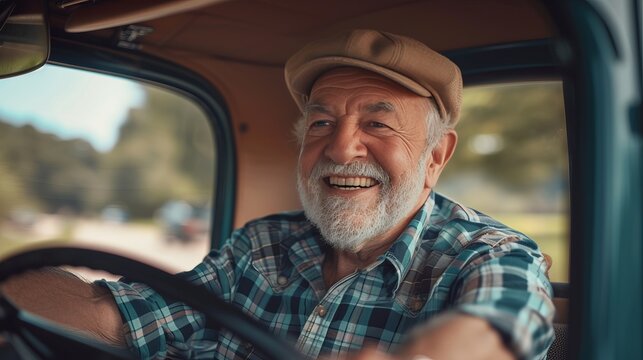 Fototapeta Happy bearded senior man riding a vintage car. Active senior people concept.