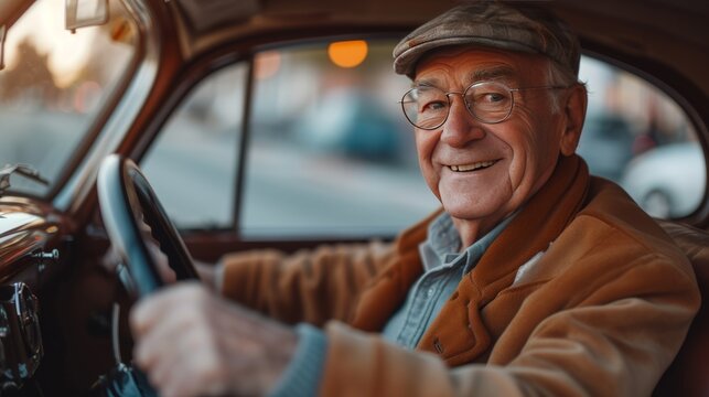 Fototapeta Smiling old man sitting in his retro vintage car, holding on to the steering wheel. Active senior people concept.