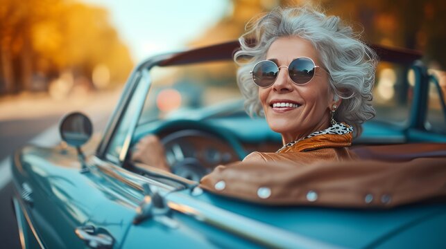 Fototapeta Happy smiling senior woman in sunglasses riding a convertible vintage car. Active senior people concept.