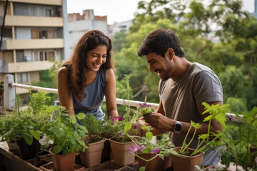 In their balcony garden, a young couple plants herbs and flowers in pots.