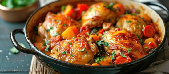 Stewed chicken with vegetables and sauce. - obrazy, fototapety, plakaty