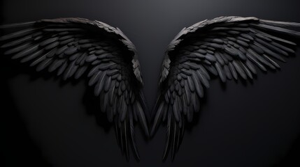 Grand and imposing black angel wings, elegantly spanning out on a black solid backdrop, emanating a sense of divine majesty and power